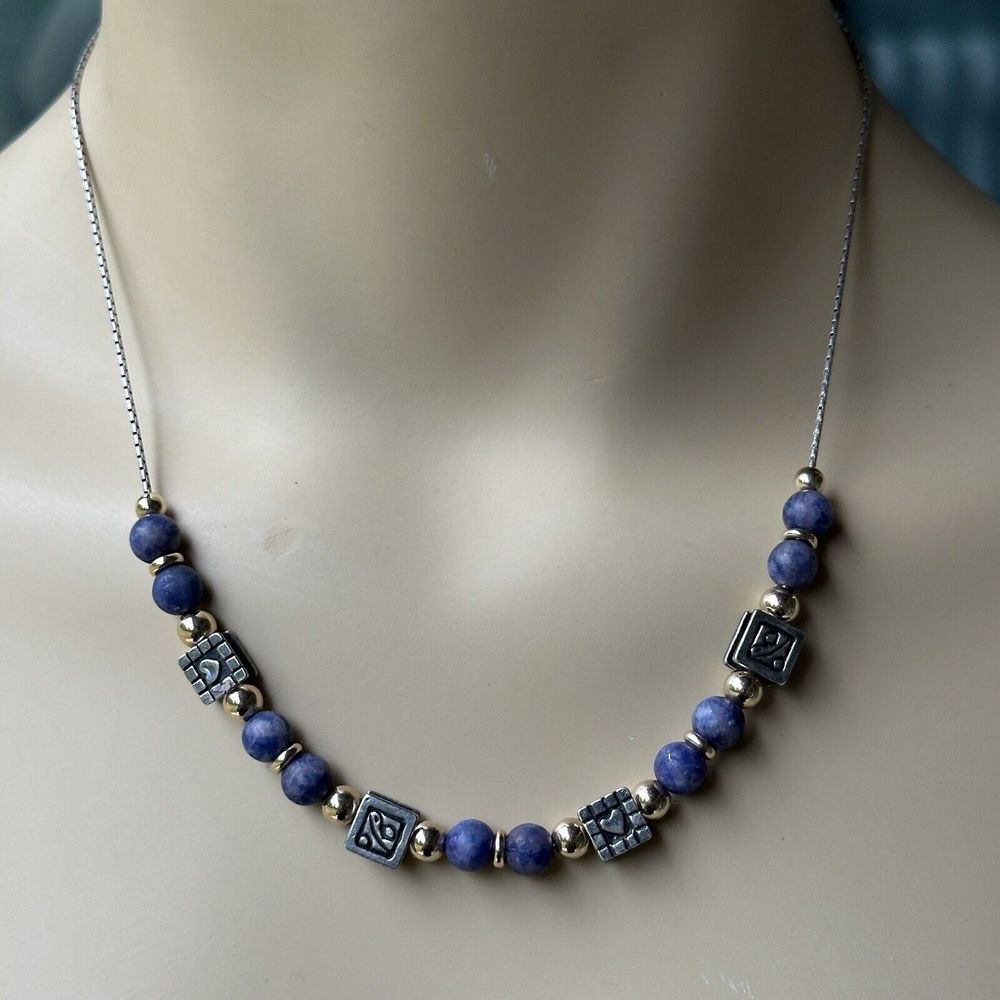 Vintage Artisan Beaded Necklace 18 Inch Blue Sodalite Gems Blocks 925‎ Sterling